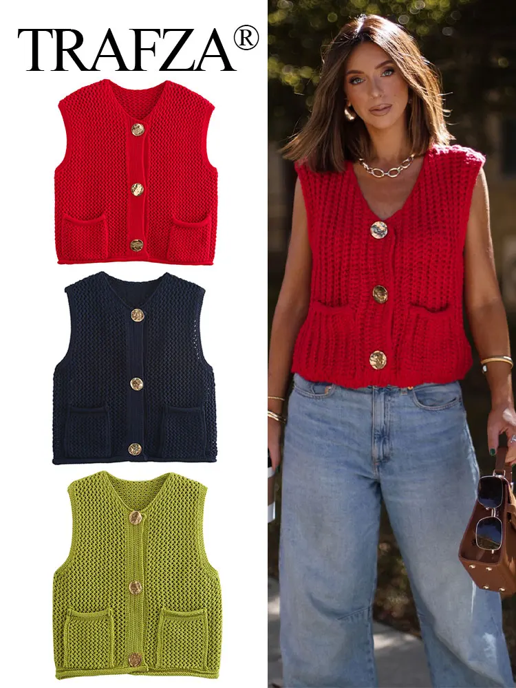 

TRAFZA Vintage Woman Solid Sweater Vest Knitted O-Neck Single Breasted Tank Tops Pockets Chic Casual Women's New In Knitwear