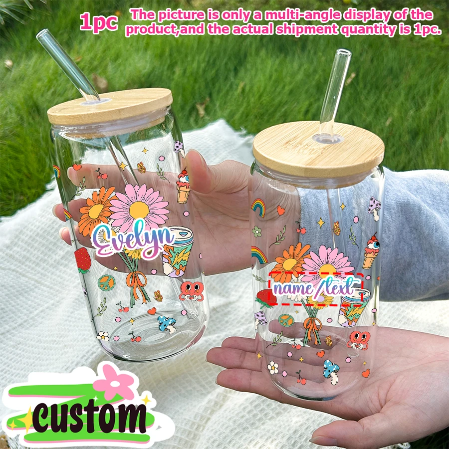 1pc Customized daisy flower strawberry Printed 16oz Glass Cup with Bamboo Lid&straw Drinkware Gifts for Birthday Back-to-School - view 6