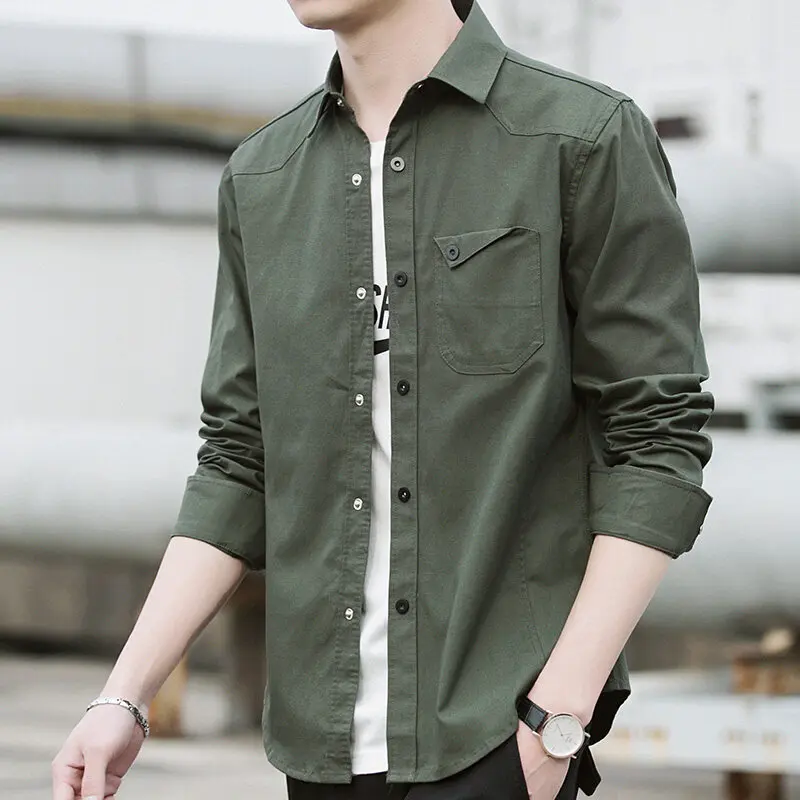 Korean Trend Handsome Versatile Military Coat Shirt Men Solid Pointed Neck Button Pocket Patchwork Long Sleeved Casual Denim Top