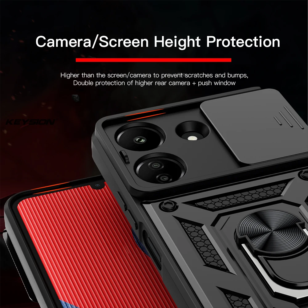 KEYSION Shockproof Armor Case for Xiaomi POCO C65 C51 C50 Slide Camera Protection Ring Stand Phone Cover for Redmi 13C 12C 10C