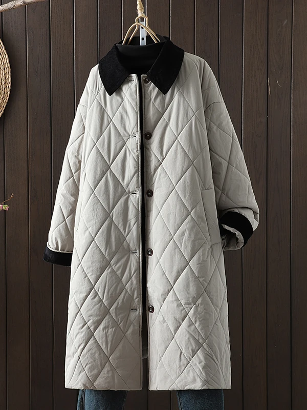 Casual Oversized Diamond Stitch Cotton Jacket Women's Autumn Winter Loose Mid-Length Corduroy Turn-down Collar Straight Cotto...