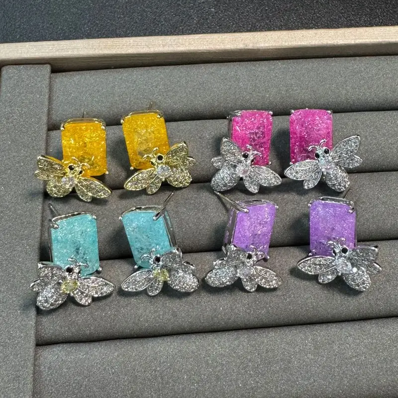 Colorful Cracked Crystal Bee Stud Earrings Shiny Cubic Zirconia Insect Ear Studs Sweet Fashion Women Daily Ear Jewelry