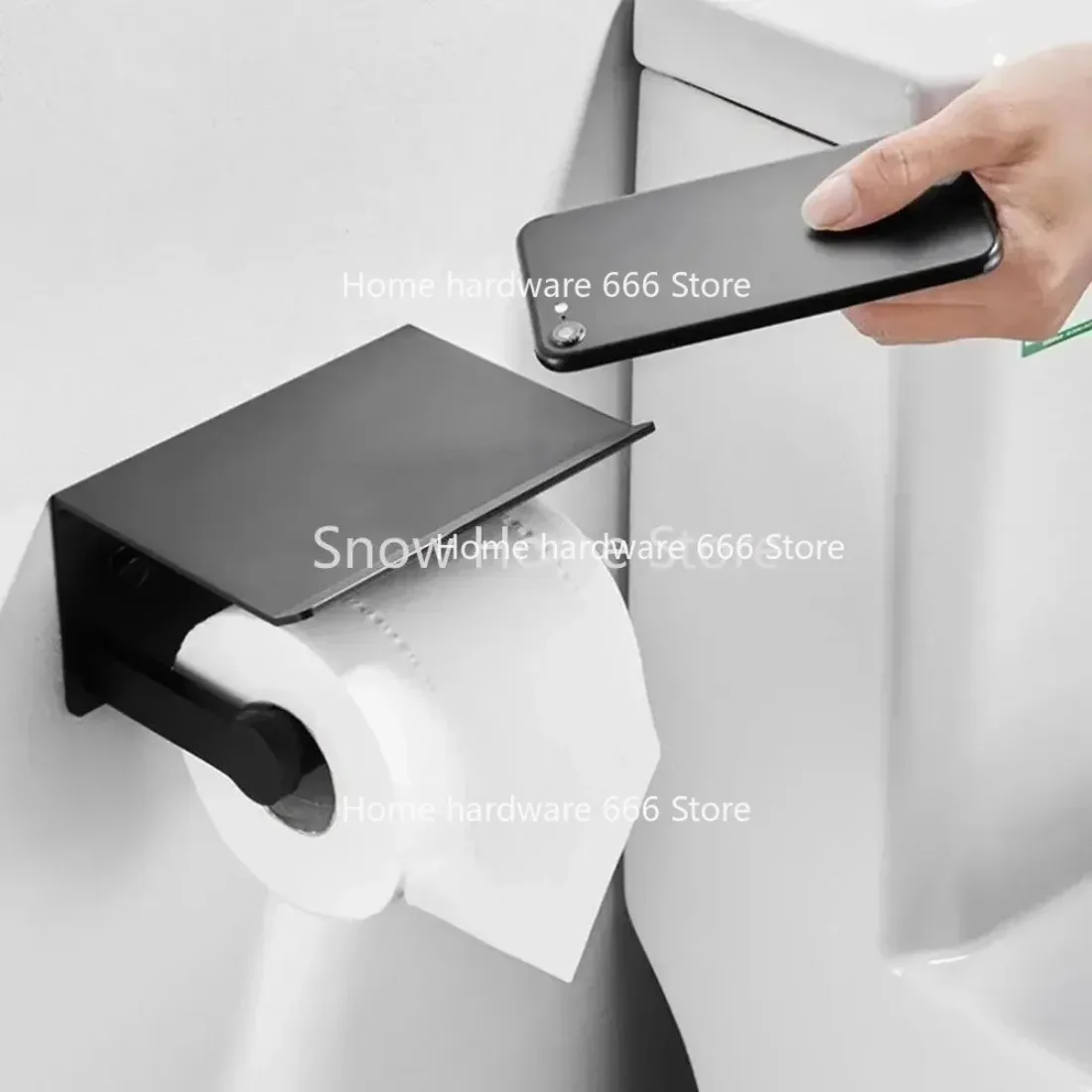1pc Wall Mounted Black Toilet Paper Holder Tissue Roll with Phone Storage Shelf Bathroom Accessories