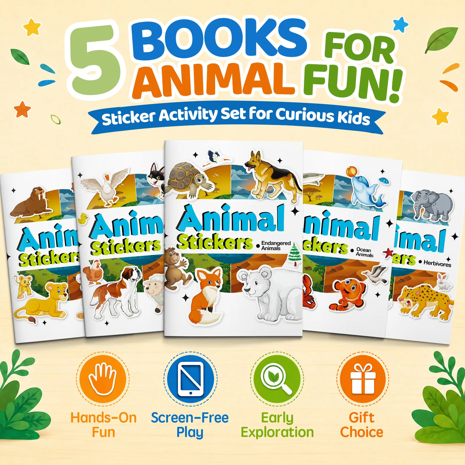 5-Book Animal Stickers Activity Set for Kids, Sticker Fun Collection with Farm Animals, Endangered Animals, Ocean Animals