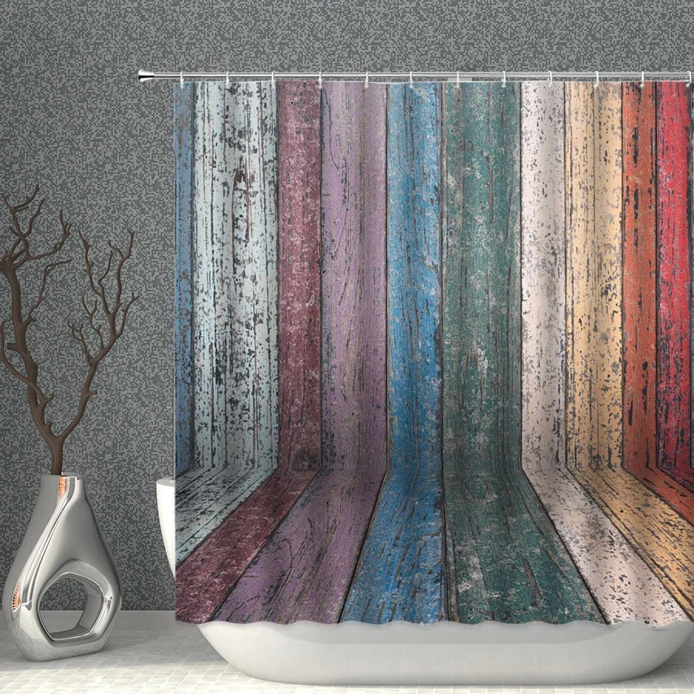 Retro Wood Grain Shower Curtain Three Dimensional Space Print Bathroom Curtains Waterproof Polyester Fabric Bathtub Screen Decor