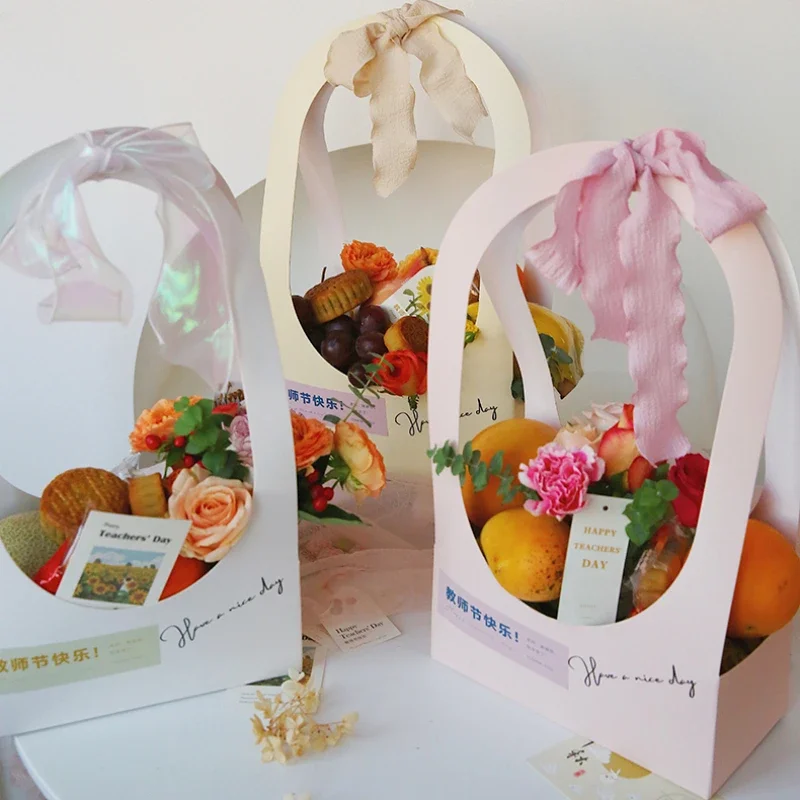 

5pcs Goddess's Day Large Portable Box Gift Flower Bundle Packaging Pink Gift Bag Valentine's Day Flower Gift Oval Window Boxes