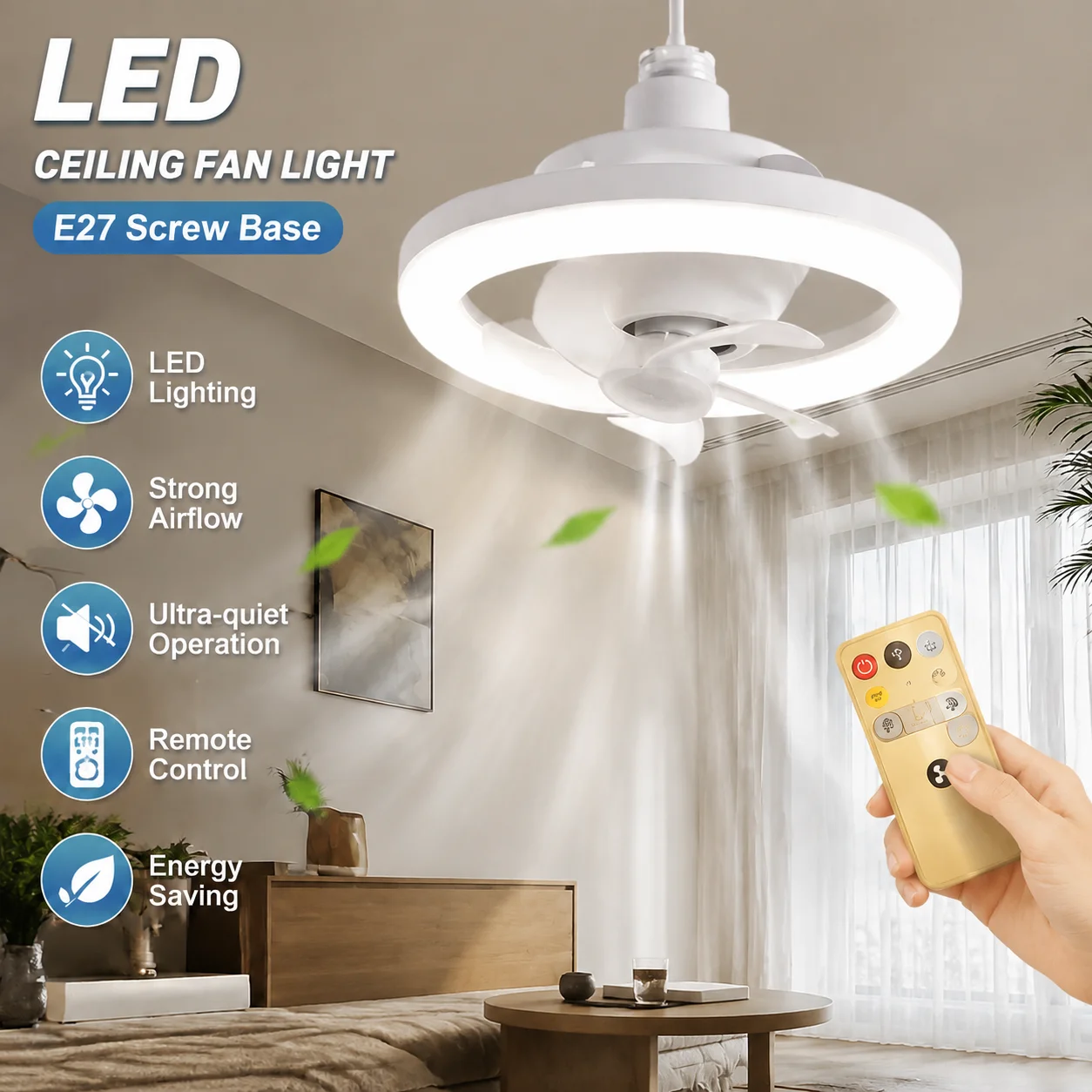 E27 Ceiling Fan Light with Remote Control Dimmable LED Bulb Silent Screw in Fan Lamp for Bedroom Living Room Kitchen 