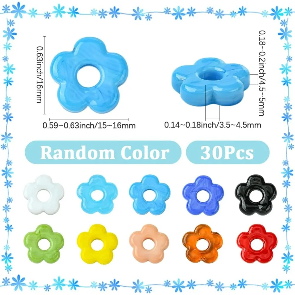 30pcs Lampwork Flower Beads Hollow Flower Beads Random Color Opaque Glass Flat Spring Floral Shaped Loose Spacer Bead Bulk