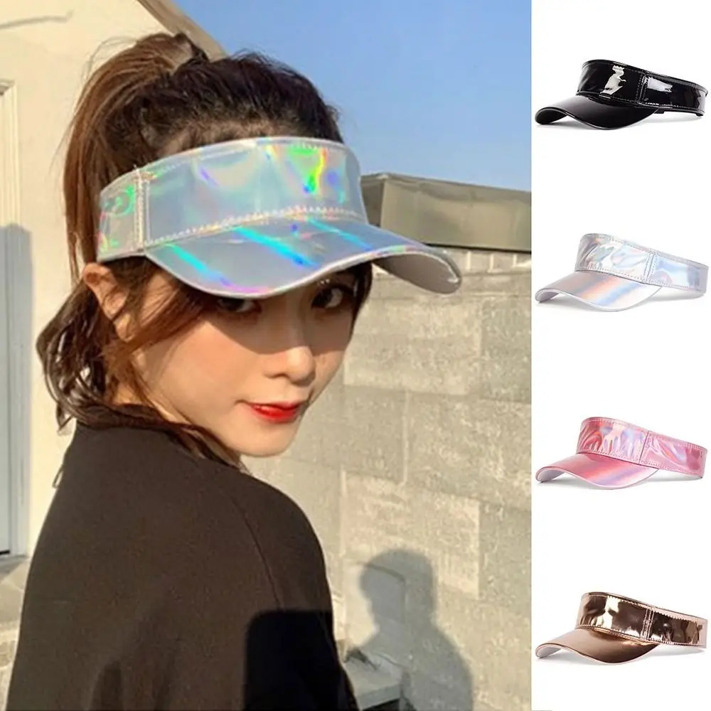 

Hip-hop Style Summer Laser Sun Visor Hat Faux Leather Plain Bling Empty Top Hats Adjustable Sunscreen Duck Tongue Cap