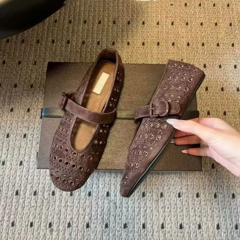 Genuine Leather Suede Rivet Hollow Mary Jane Shoes With Flat Buckle Strap For Women's Ballet Dance, Breathable Single Shoe