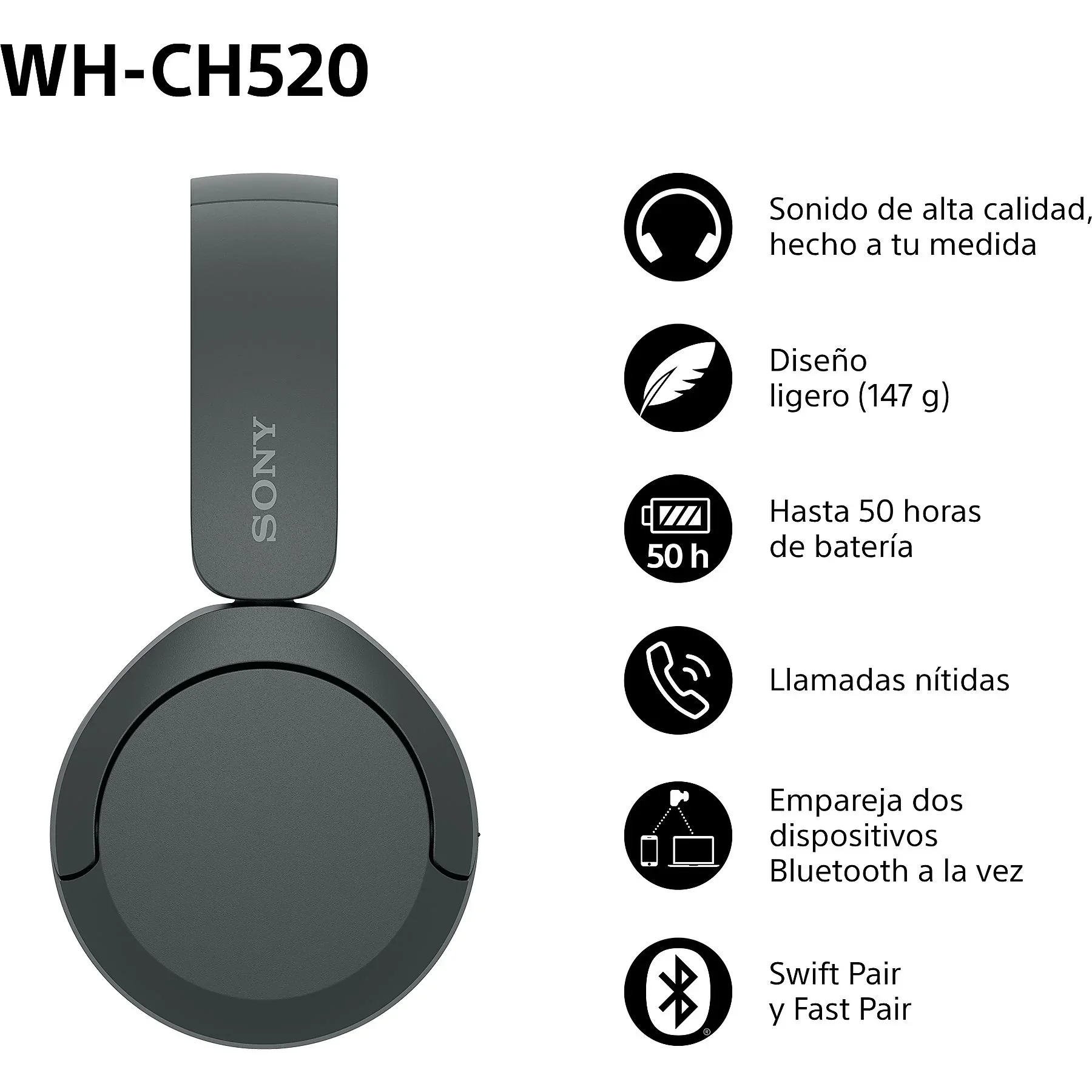 ​Sony WH-CH520 Auriculares On-Ear Inalámbricos Bluetooth 5.2 con Micrófono Integrado, Batería de hasta 50 Horas, Carga Rápida, DSEE, Multipoint y Compatibilidad con Asistentes de Voz​ 3
