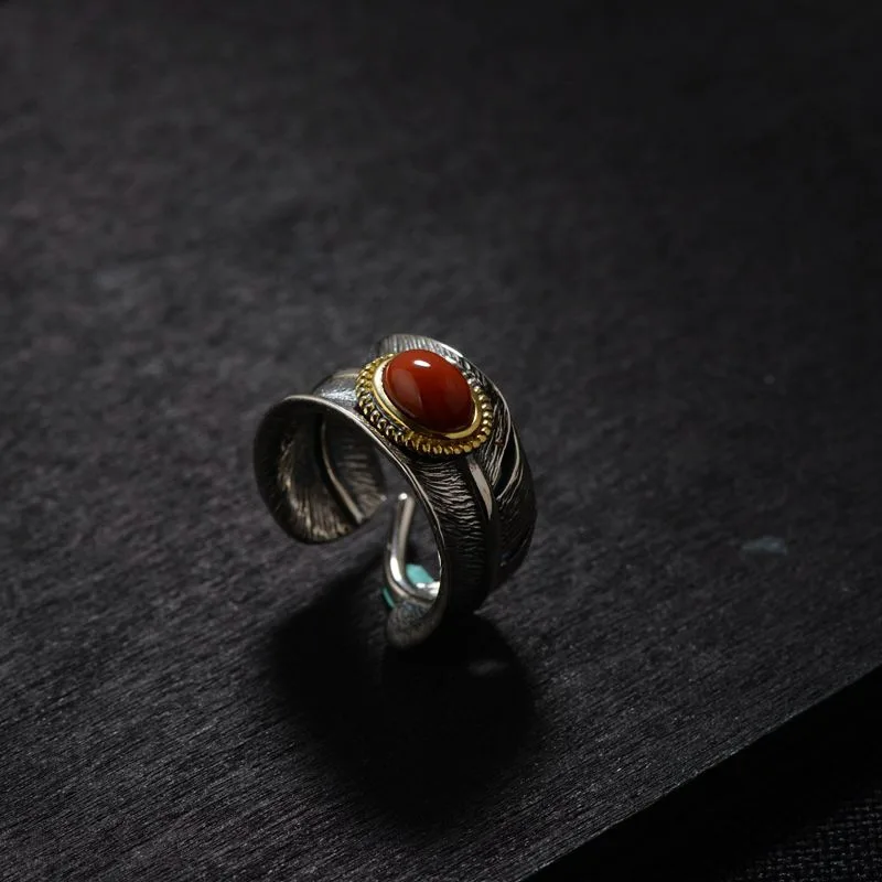 Langyan 925 Sterling Silver Inlaid Southern Red Agate Adjustable Ring Vintage Thai Silver Craft Women's Open Feather Rings JZ154