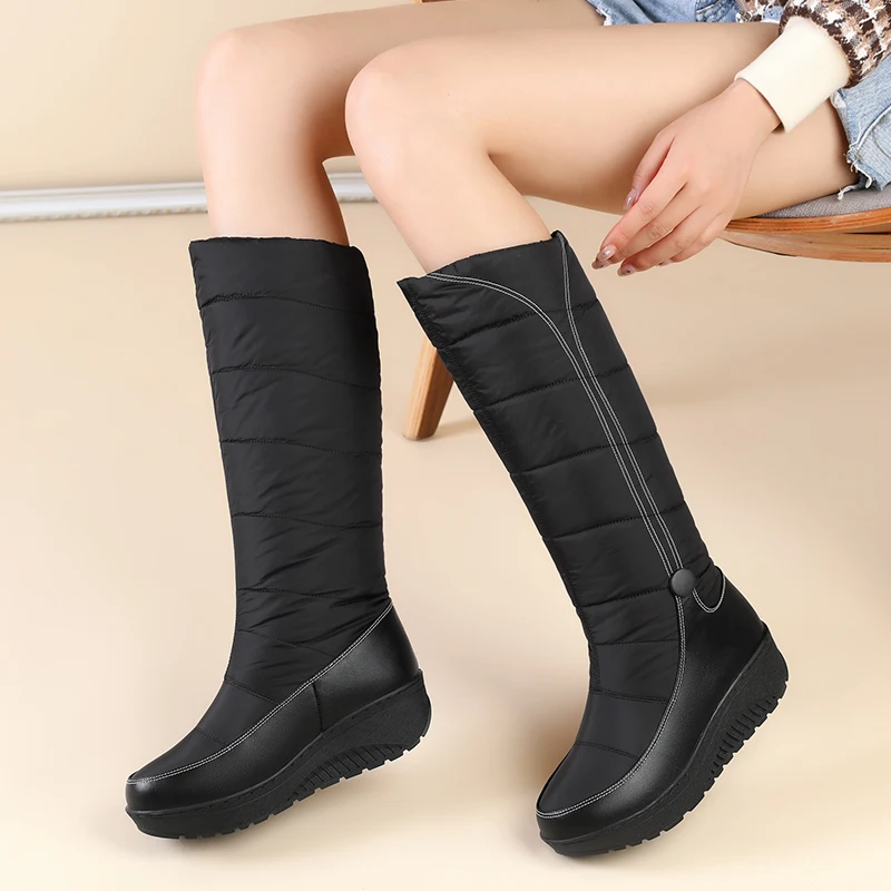 Winter Women Snow Boots Mid Calf Concise Padded Cotton Down Patchwork Leather Shoes Sewing Warm Plush Black Red Waterproof Boots