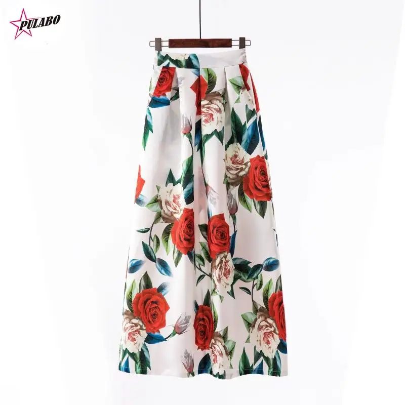 PULABO Floral Print Skirt Empire y2k BOHO Ladies Tulle Skirt Womens Jersey Gypsy Maxi Full Long Skirt Spring Autumn 3XL