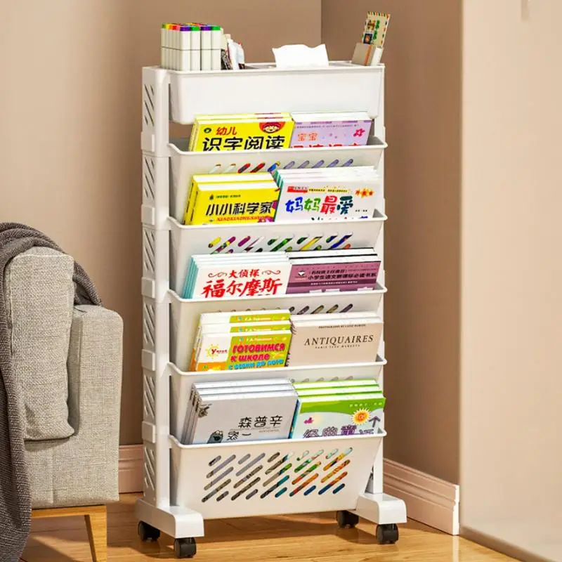 

5/6 Tier Simple Movable Bookshelf With Wheels Office File Organizer Mobile Book Cart Sundries Storage Rack Bookshelf Trolley