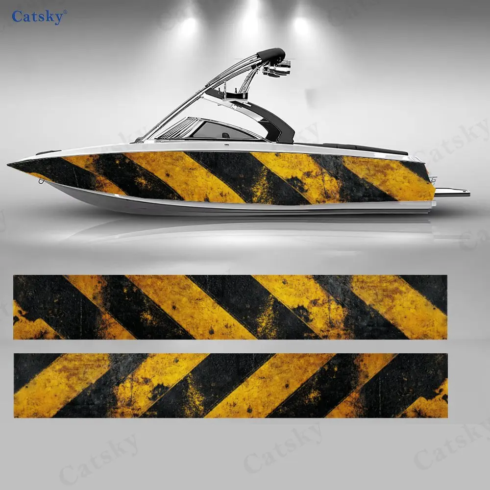 Yellow Black Worn Diagonal Stripe Boat Stickers, PVC Waterproof Vinyl Wrap Decals for Fishing Boats, Durable and Stylish Design