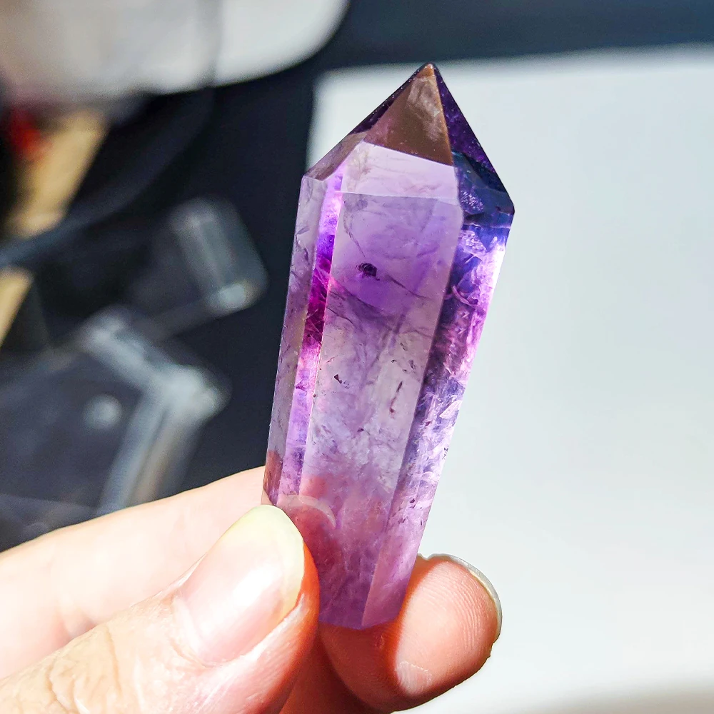 Natural Uruguay Amethyst Hexagonal Prism Point Wand Crystal Healing Energy Stone Crafts Natural Quartz Room Decor Obelisk Carved