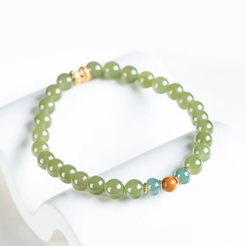 Natural Old Material Hetian Green Jade Bracelet Women, Ancient Style With S925 Silver Accessories