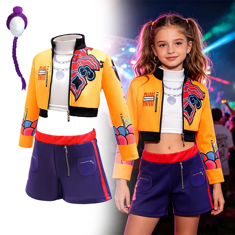 Mädchen-Cosplay-Kostüm-Set im Street-Style mit Graffiti-Print, kurze Jacke, Shorts für Halloween, Geburtstagsfeier, Rollenspiel