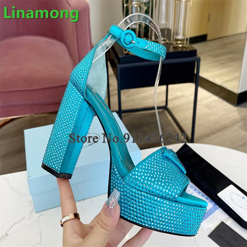 Crystal Square Heel Platform Luxury Sandals For Female Women Solid Fashion Elegant Round Toe Ankle Buckle Strap All-match Shoes