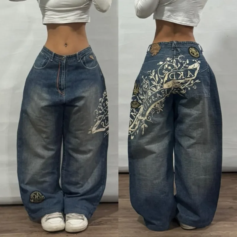 Street Vintage Jeans New Y2K Harajuku Wash blue Multiple pockets Baggy Jeans Denim Pants Mens Womens High Waist Wide Trousers