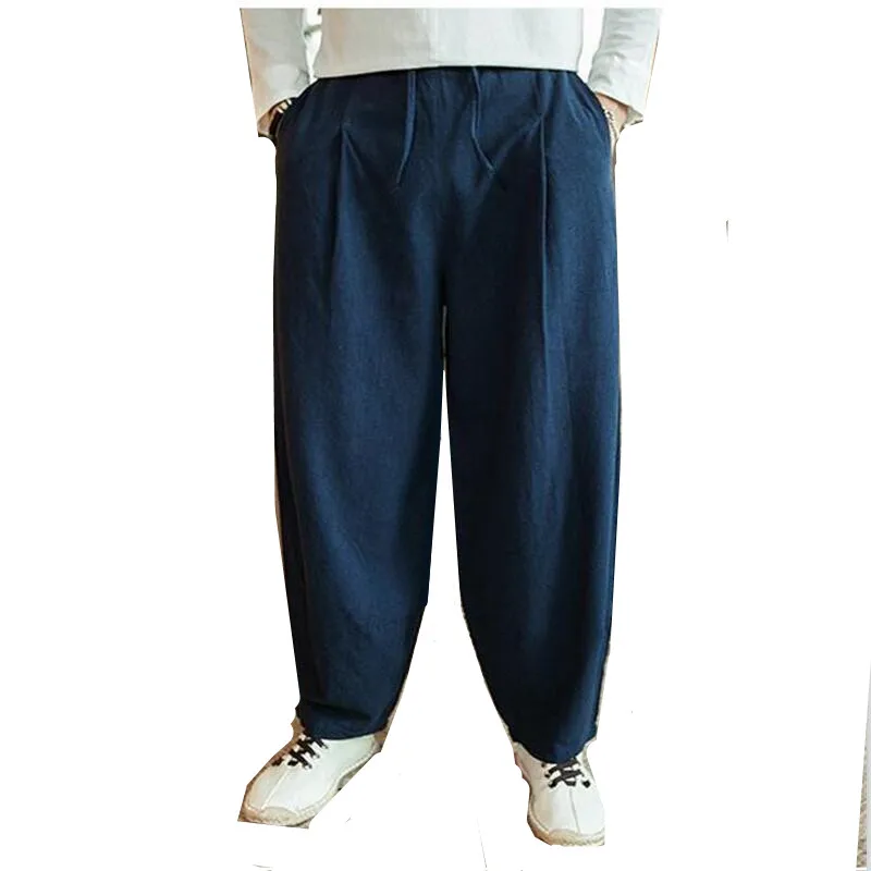 Large Size 6XL 7XL Men\'s Wide Leg Pants Cotton Linen Loose Harem Pants Summer Trousers Male Loose Pants Drawstring men clothing