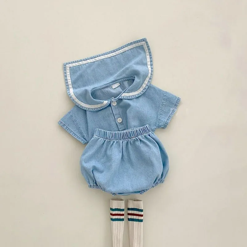 2023 Summer New Baby Navy Collar Clothes Set Kids Girls Short Sleeve Denim Tops + Shorts 2pcs Suit Cute Baby Boy Denim Outfits