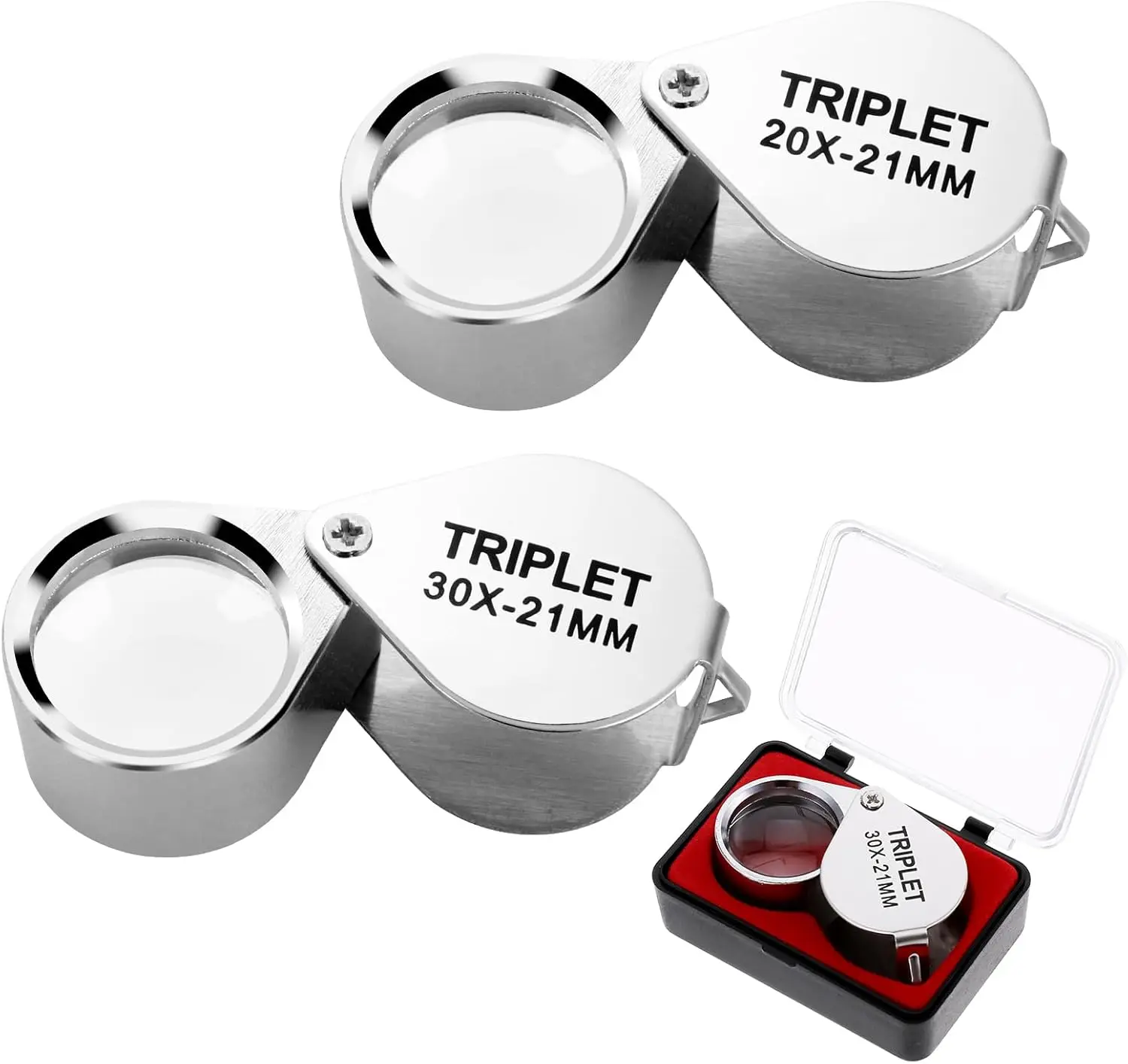 

10X 20X 30X Triple Power Jewelers Loupe Set Folding Pocket Magnifying Glass for Gems Coins Watches Stainless Steel with Box