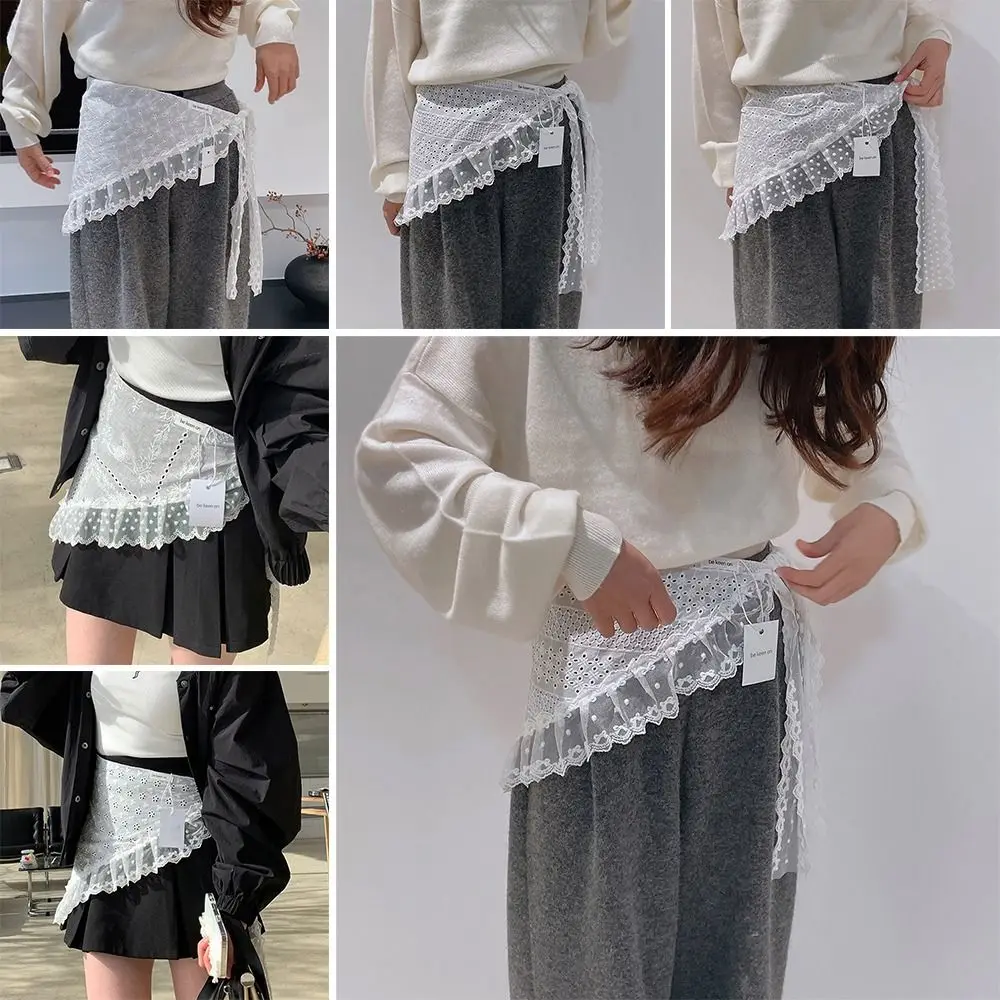 

Embroidered Flower Lace Mini Skirt Y2K Streetwear Harajuku Lace Up Ruffles Skirt See Through Cotton Pleated Skirts
