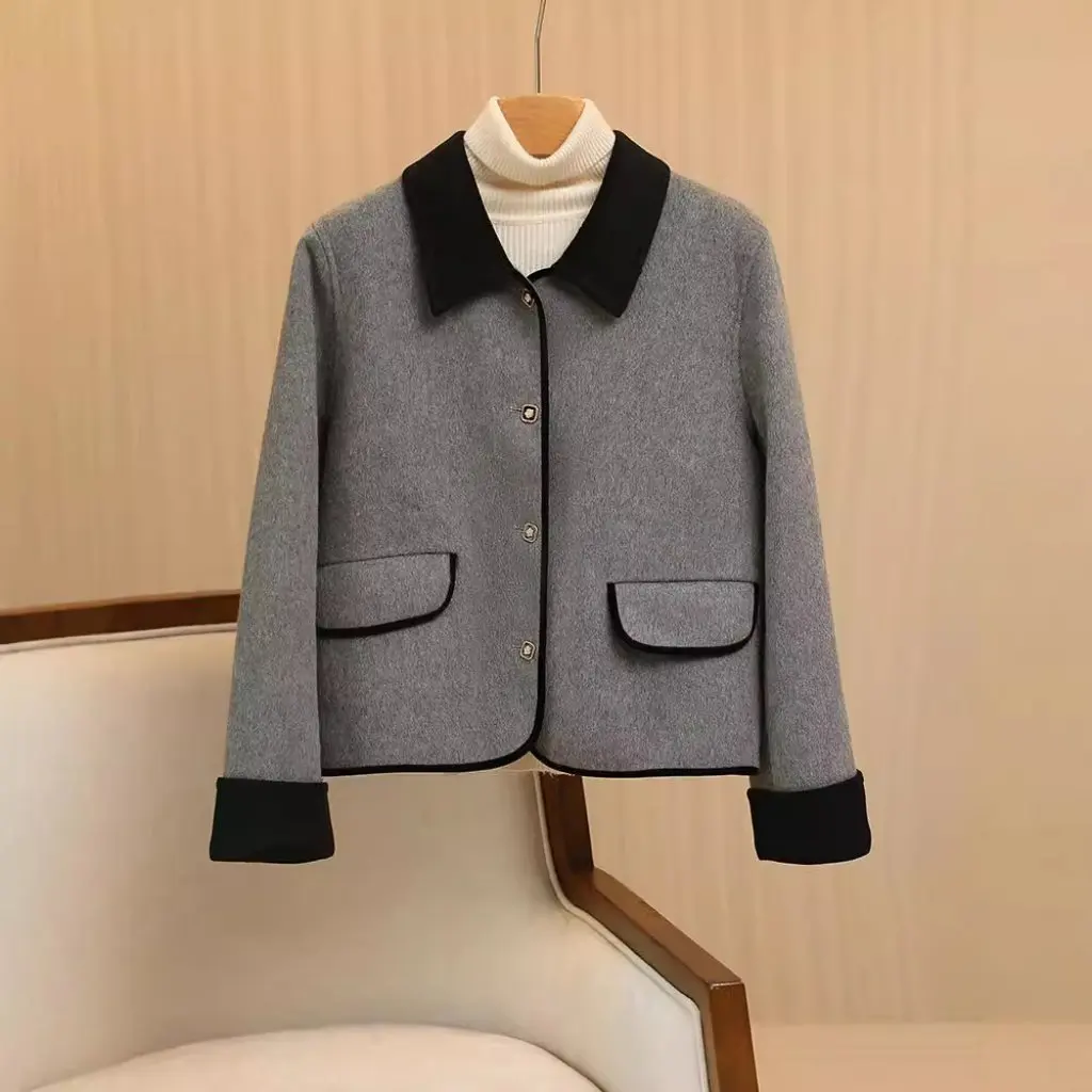 

Black Collar Short Double-Sided Women's Coat Korean Style Color Matching Autumn New Small Size Fashionable Clothing for Ladies