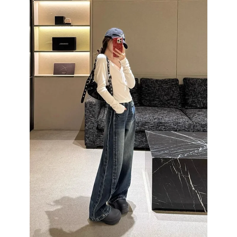 アメリカンレトロワイドレッグジーンズ女性ルーズストレートレッグストレッチフロアレングスパンツ
