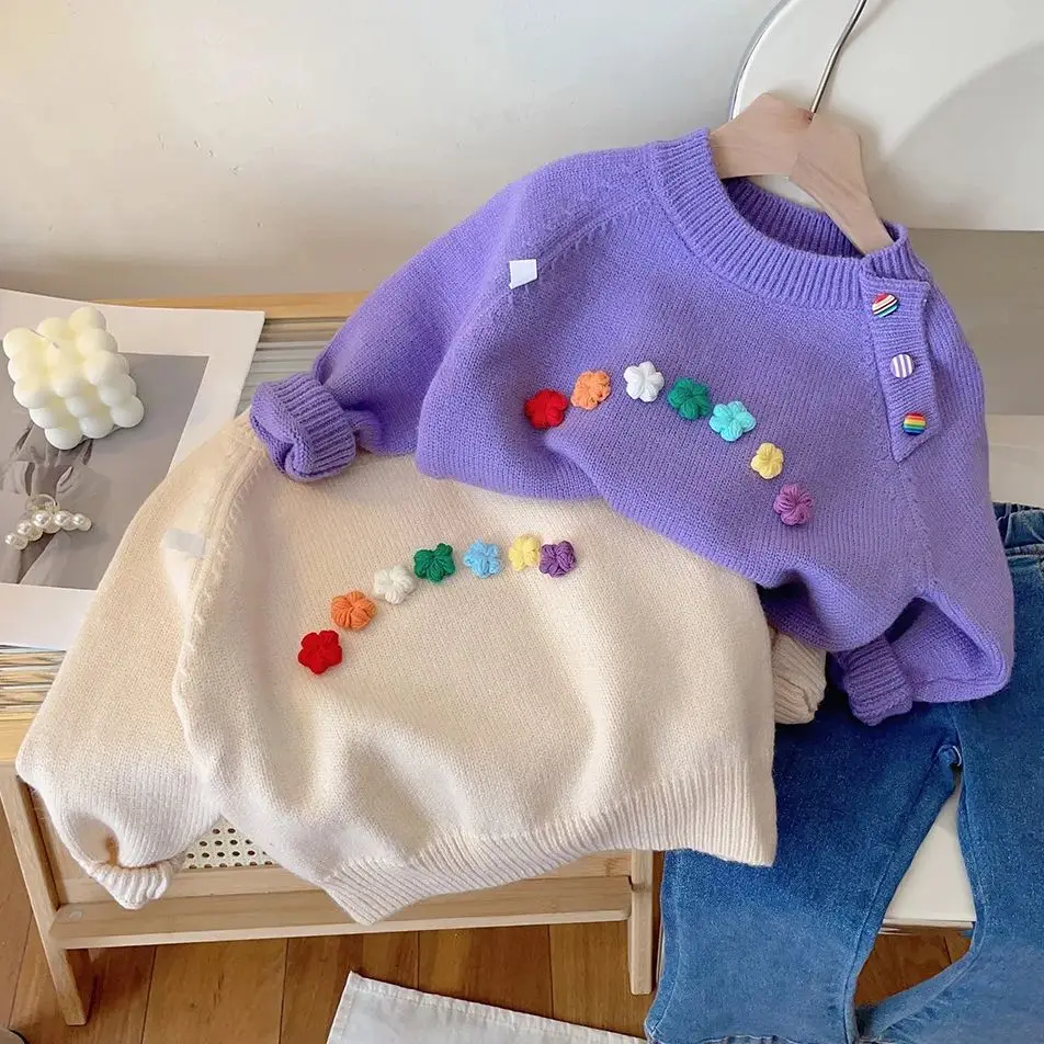 

Children's Top Sweet Girls O Neck Pullover Autumn Winter Warm Long Sleeve Flower Knitted Sweater For Kids Fashion Knitwear