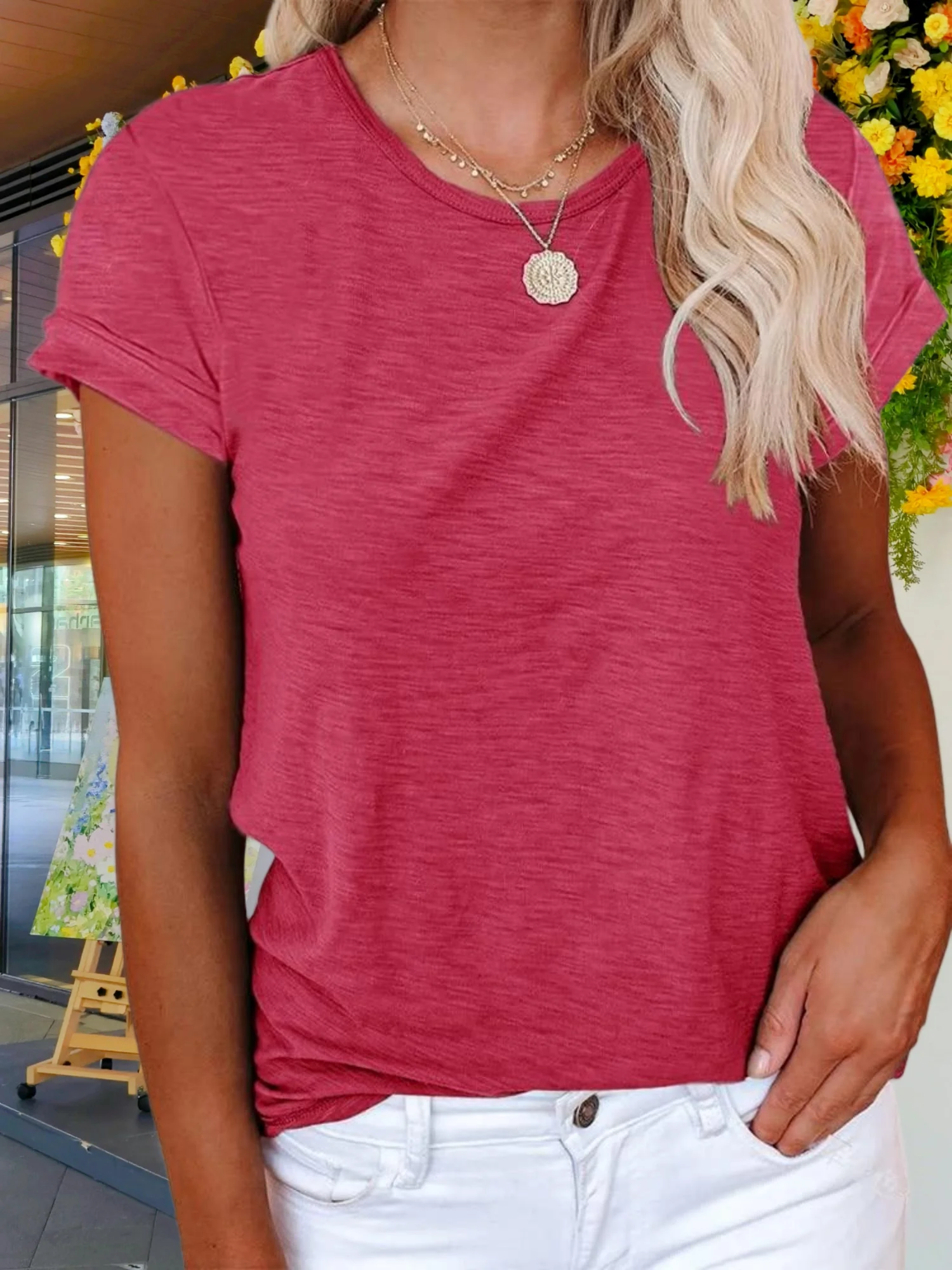 เสื้อเชิ้ตแขนสั้นคอกลมพื้นฐานสำหรับฤดูร้อนของผู้หญิง - ทรงหลวมและลำลอง