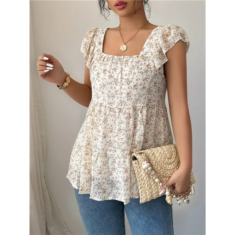 

ASDS-Womens Tank Tops Fashion Summer Smocked Blouses Square Neck Ruffle Sleeves Tunic Tops Shirt