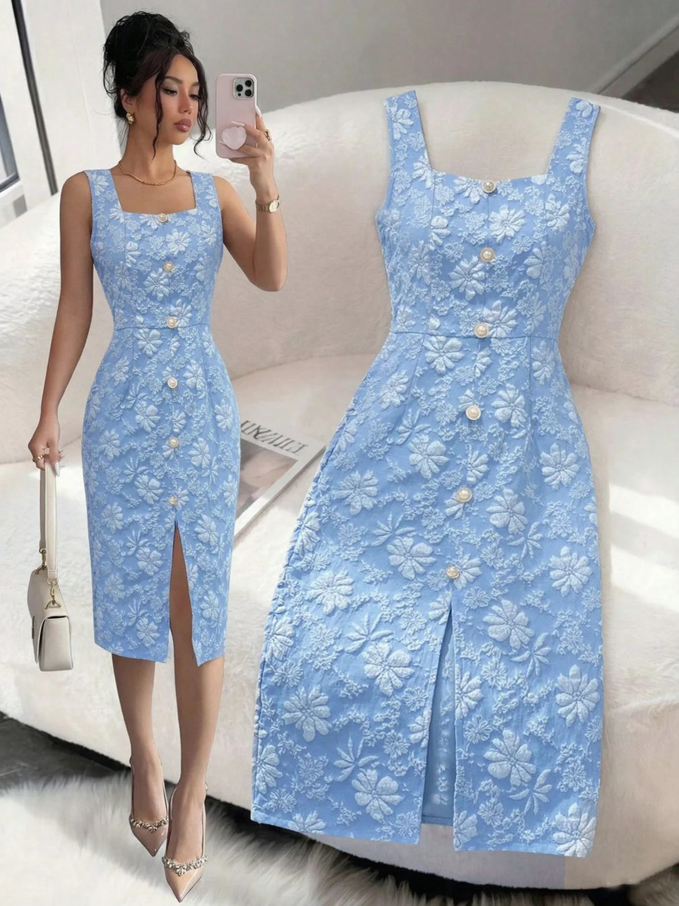 Damen-Midirock mit quadratischem Ausschnitt und einreihiger Knopfleiste aus Jacquard; ärmelloses, figurbetontes Kleid mit Schlitz und Hüftbetonung. – Detail 10
