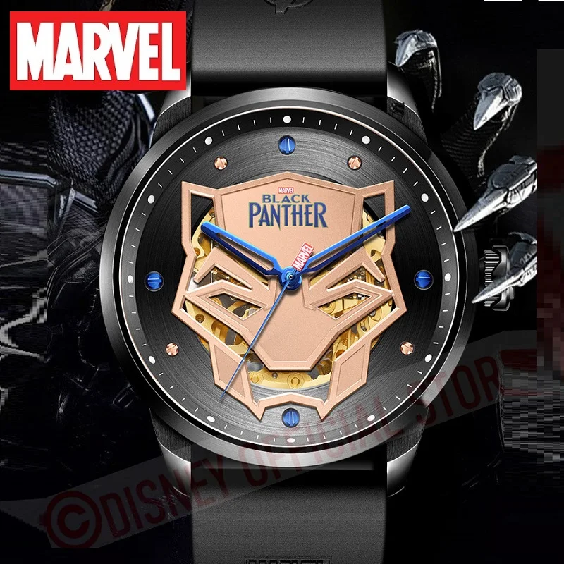 

Marvel Black Pather For Mens Watches Automatic Sapphire Crystal Skeleton Mechanical WristWatch Avengers Steel Fluororubber Strap