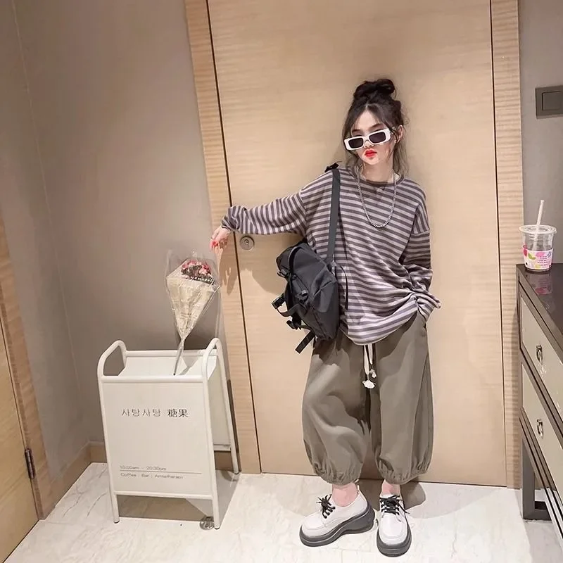 2025 أطفال فتاة الموضة القديمة الكورية تي شيرت كم طويل تي شيرت 6 7 من 8 11 4 مخطط تي شيرت الملابس للفتيات 10 إلى 12 سنة