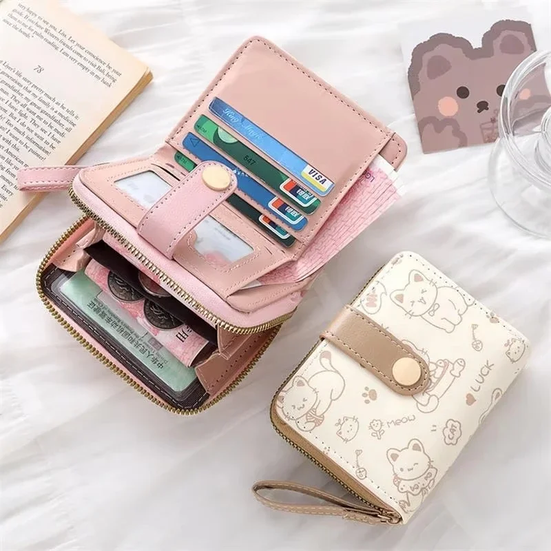 Cute Line Cat Pattern Card Bag Wallet Available In Four Colors Student Coin Wallet Id Card Clip Travel Multi Card Slot Wallet