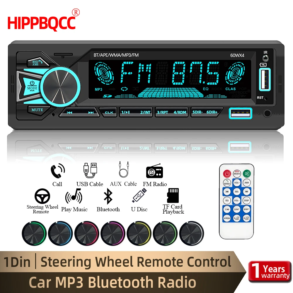 HIPPBQCC Radio de coche 1DIN estéreo Bluetooth reproductor MP3 receptor FM con Control remoto AUX/USB/tarjeta TF en tablero Kit Universal