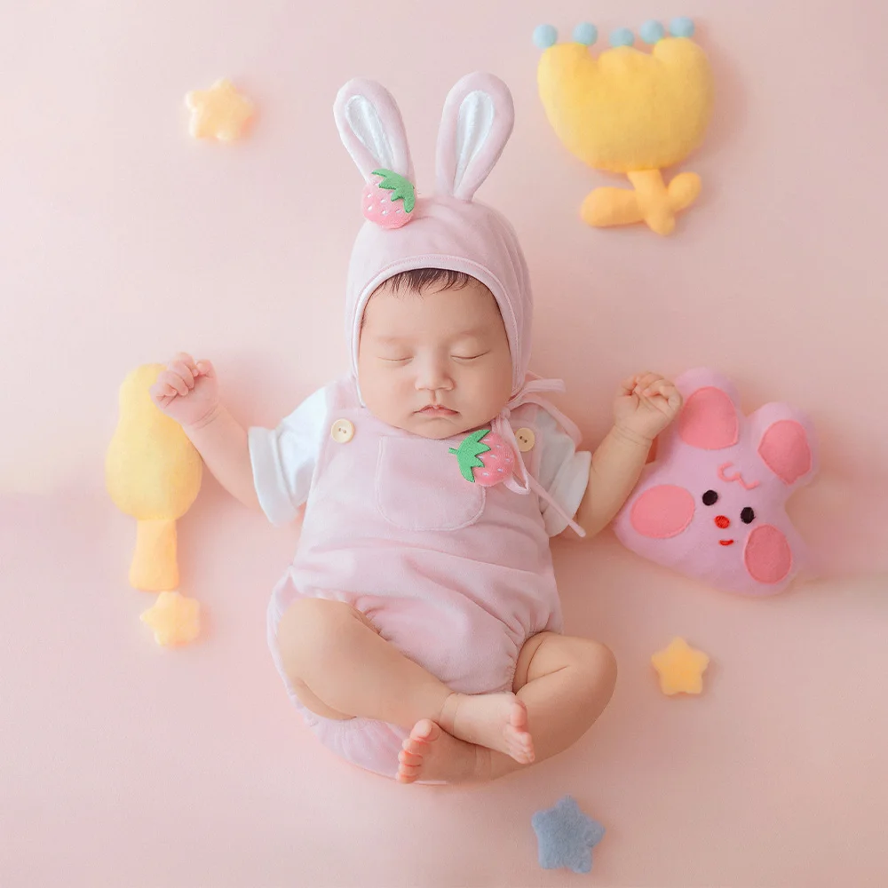 Sweet Bunny Strawberry Theme Baby Girl Photography Props Pink Rabbit Ear Hat+romper Set for Newborn Full Month Milestone Photos
