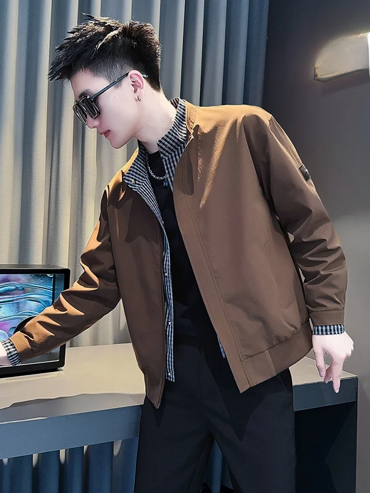 

Casual Plaid Jaet Men's Spring Autumn Stand Collar Slim Fit Faionable Brand Youthful Sle Ox Cloth Long Sve Zipper