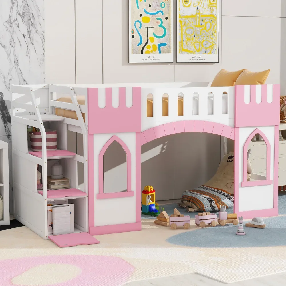 

Children Beds Twin Size Loft Bed with Storage Staircase and Window, Pink Kids Bed for Girls Loft Beds Bunk Bed Kids Furniture US