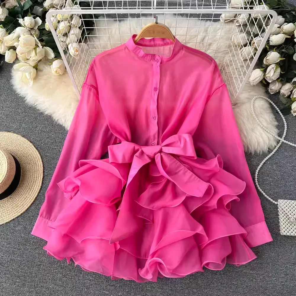 

New 2024 Fashion Chiffon Long Sleeve Shirt Women O Neck Ruffles Ruched Bow Solid Elegant Original Sweet Vintage Blouse