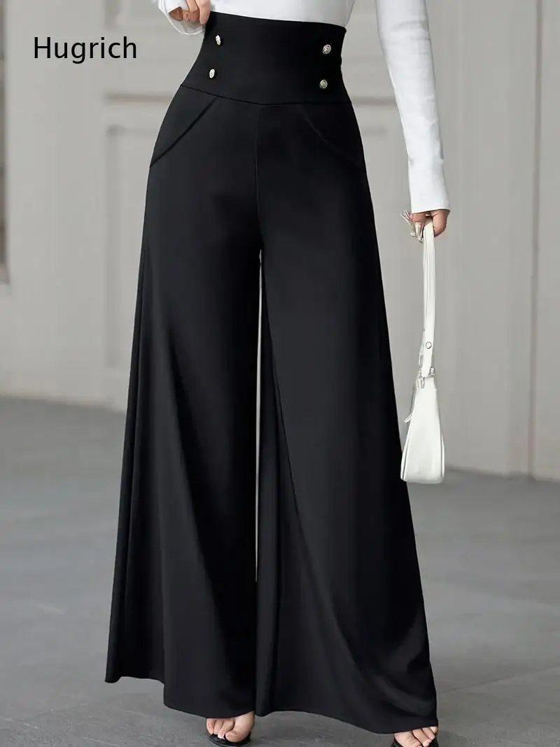 Black High Waist Double Metal Button Wide Leg Palazzo Pants Women Pocket Flowy Floor Length Office Casual Dress Trousers
