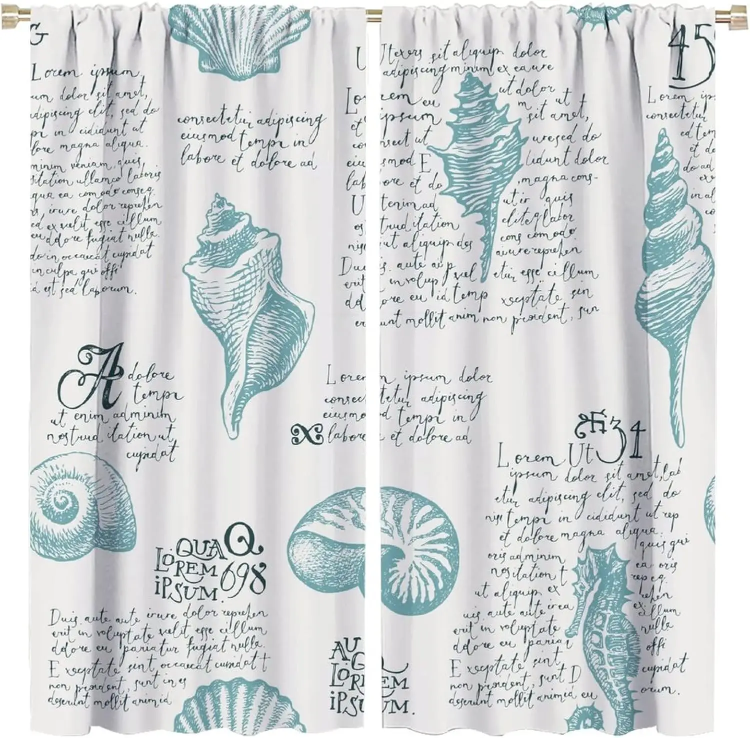 Ocean Beach Bedroom Window Curtain,Ocean Seashell Seahorse Retro Style Blackout Window Door Curtains for Bathroom Living Room