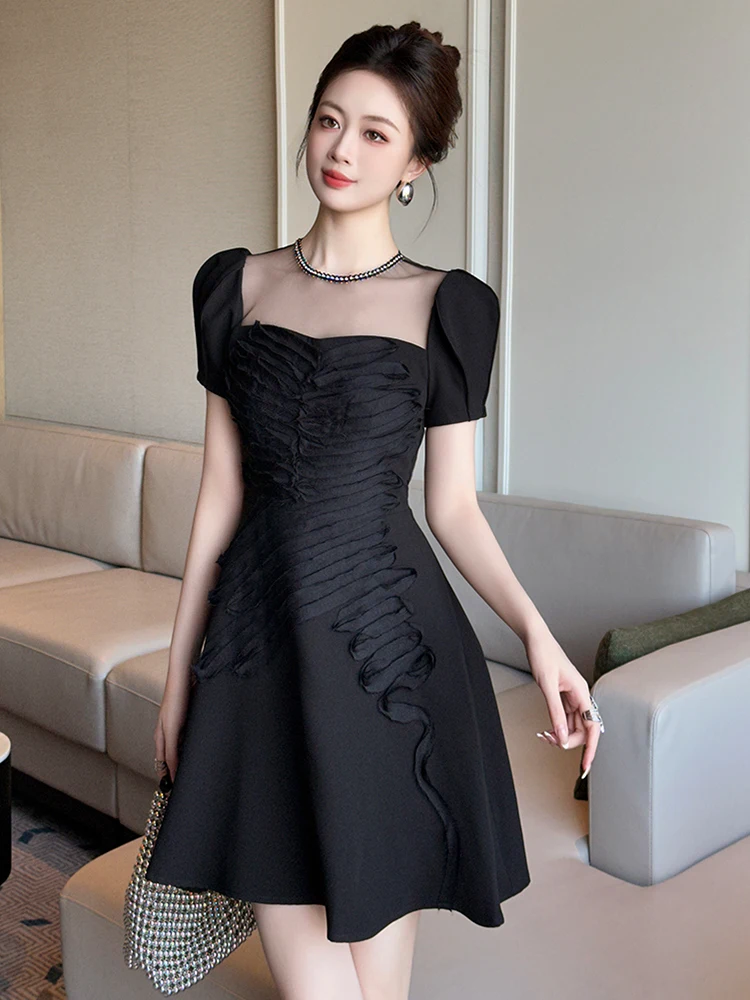 Summer Fashion Casual Black Evening Dress Women Clothes Elegant Sheer Sexy O-Neck Slim Short A-Line Party Prom Vestidos Fiesta