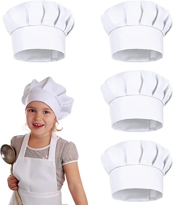 4 قطع قبعات طهاة بيضاء للأطفال، قبعات حفلات، قبعات للخبز في المطبخ، قبعات طهي للأطفال، قبعات طهاة بيضاء للأطفال بطول 21 سم