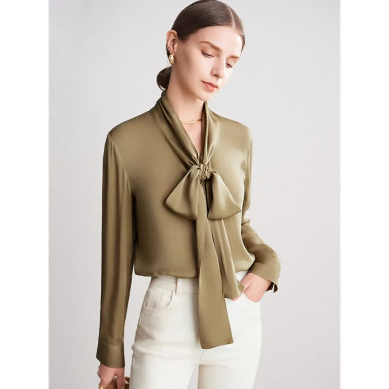 

Spring Summer Silk Ribbon Blouse 90% Mulberry Silk Lace Up Long-sleeve Elegant Tops