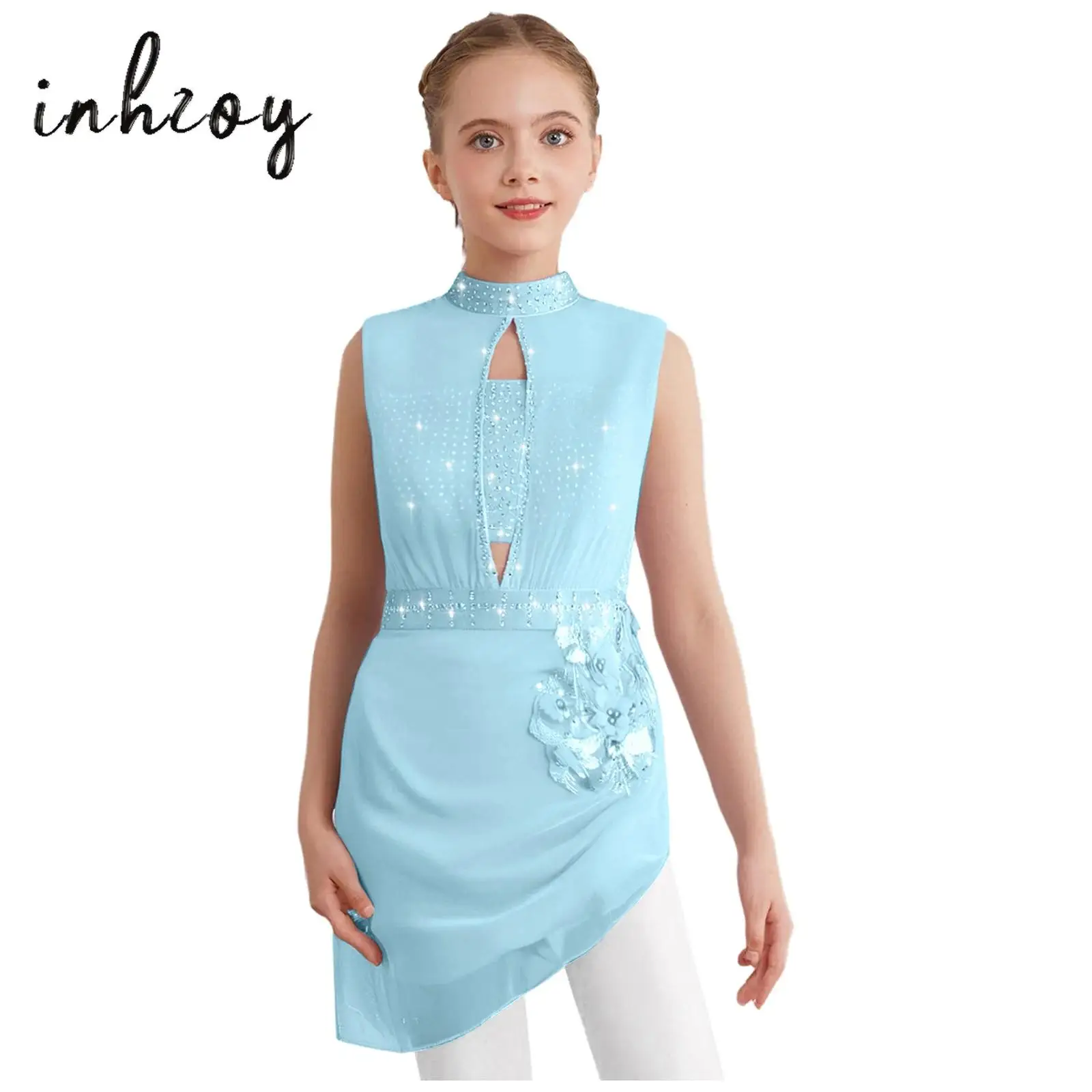 

Kids Girls Figure Skating Ballet Lyrical Dance Dress Applique Rhinestones Sleeveless Sheer Mesh Overlay Asymmetrical Hem Dress