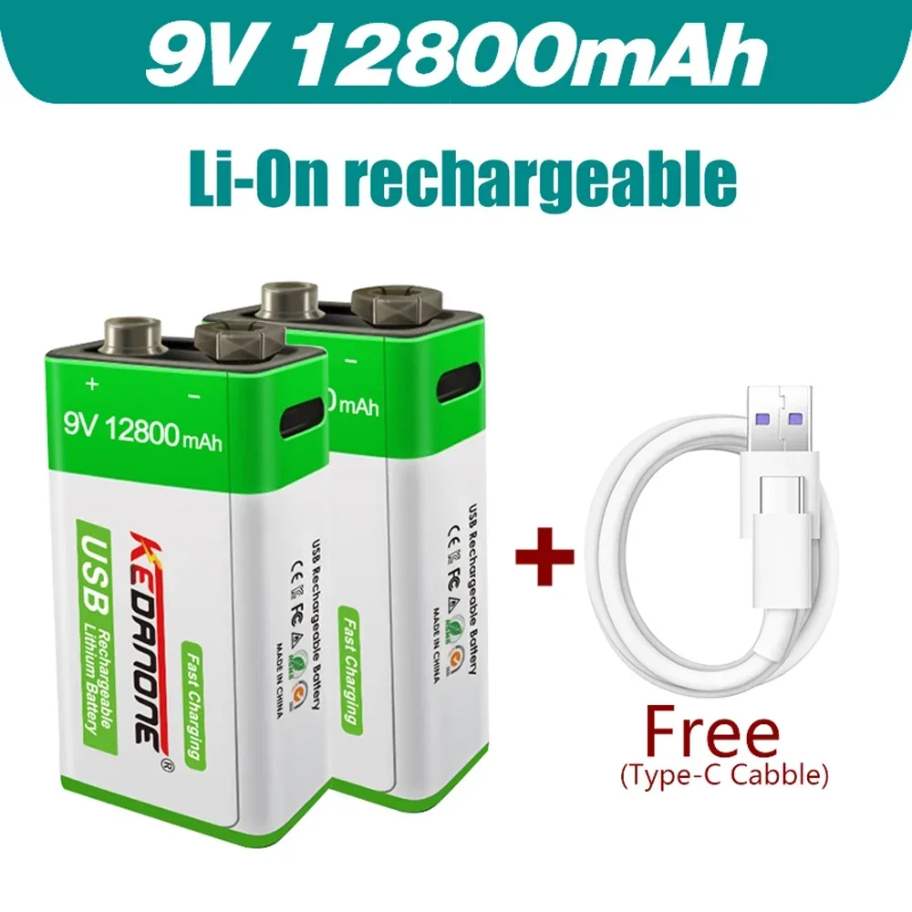 ใหม่แบตเตอรี่แบบชาร์จไฟได้ลิเธียมไอออน9 V 12800mAh แบตเตอรี่ USB Type-C, เครื่องตรวจจับโลหะ9โวลต์มัลติมิเตอร์ไมโครโฟนลิเธียม + สายเคเบิล